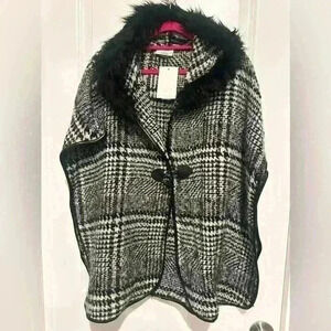NEW NWT Black Houndstooth Check Wool Blend Hooded Cape Jacket
